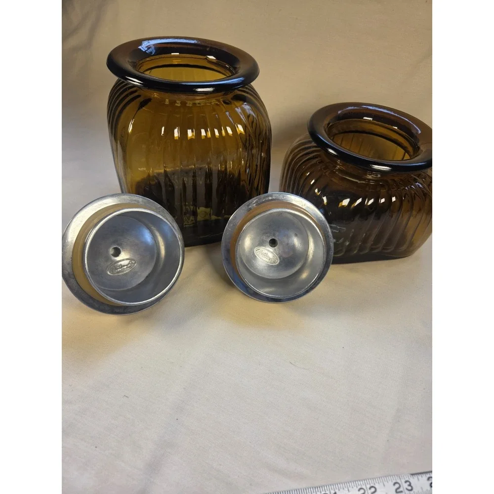 VINTAGE APOTHECARY ARTLAND AMBER RIBBED GLASS CANISTERS PEWTER with LIDS
